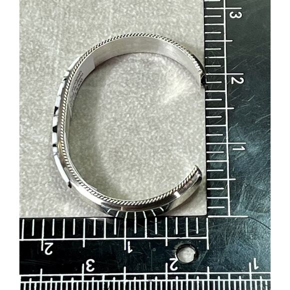 Navajo Handmade Sterling Silver White Buffalo Inlay Cuff Bracelet by F Yazzie - Picture 14 of 16